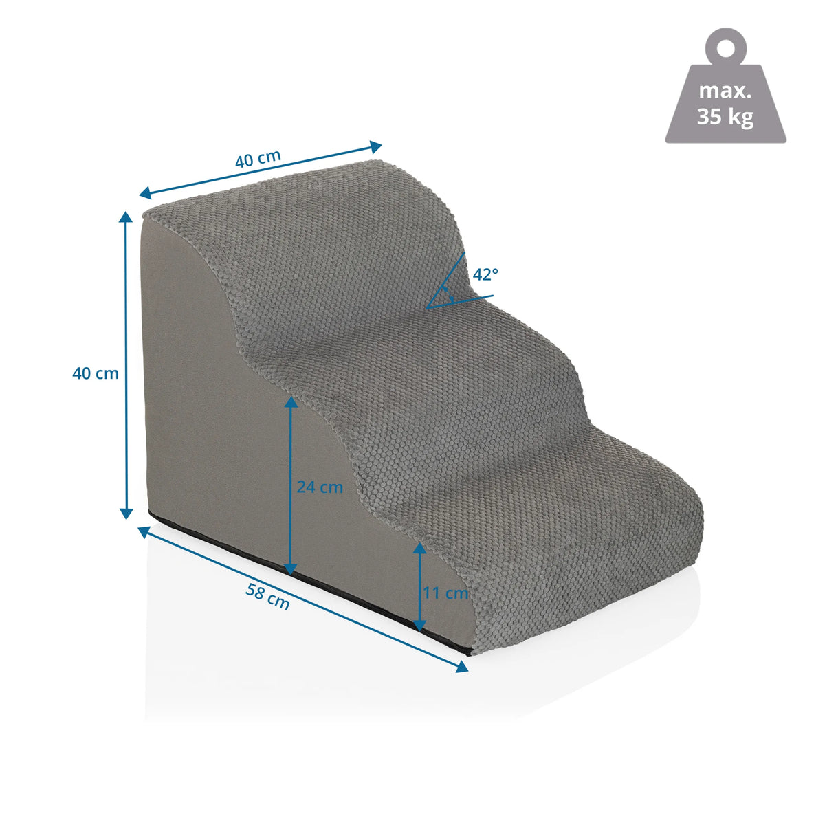 Disegno dimensionale della Scaletta per animali domestici PAWY STEP 3 con 40 × 58 cm e una portata di 35 kg di hjh LIVING