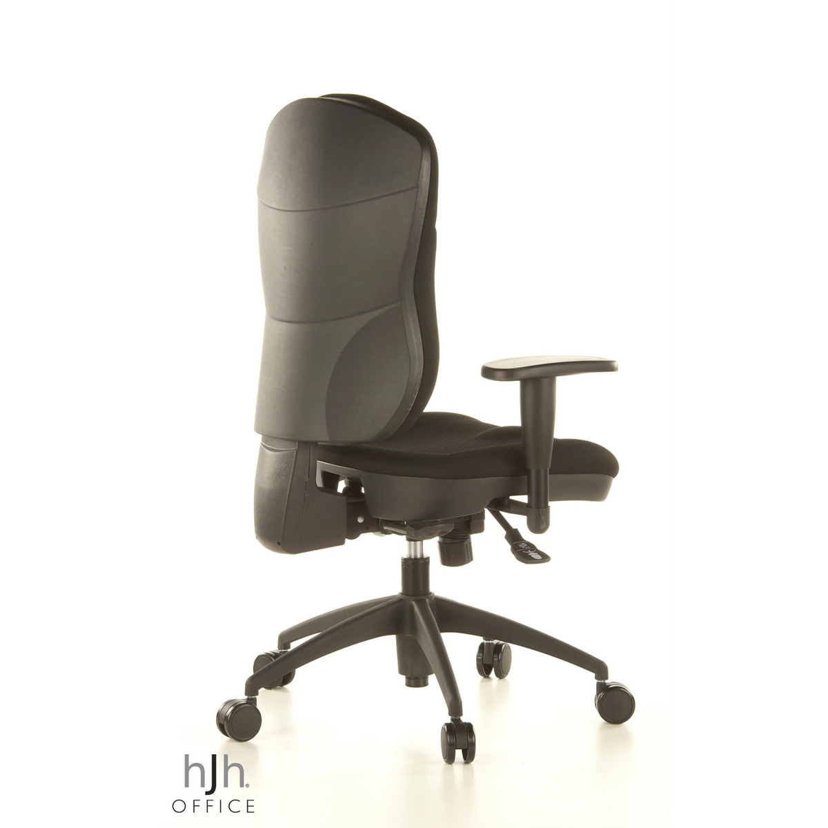 Sedia da ufficio professionale WELLPOINT 30 K2 nera con braccioli e base a cinque ruote di Topstar – vista a 360° (vista posteriore a tre quarti 120°)