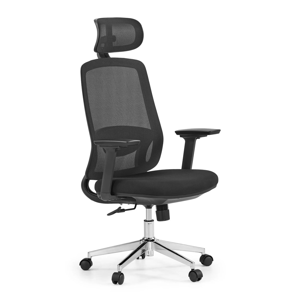 Sedia da ufficio professionale Ergosento nera con schienale in rete, poggiatesta e base a cinque ruote di hjh OFFICE – vista a 360° (vista frontale a tre quarti 45°)