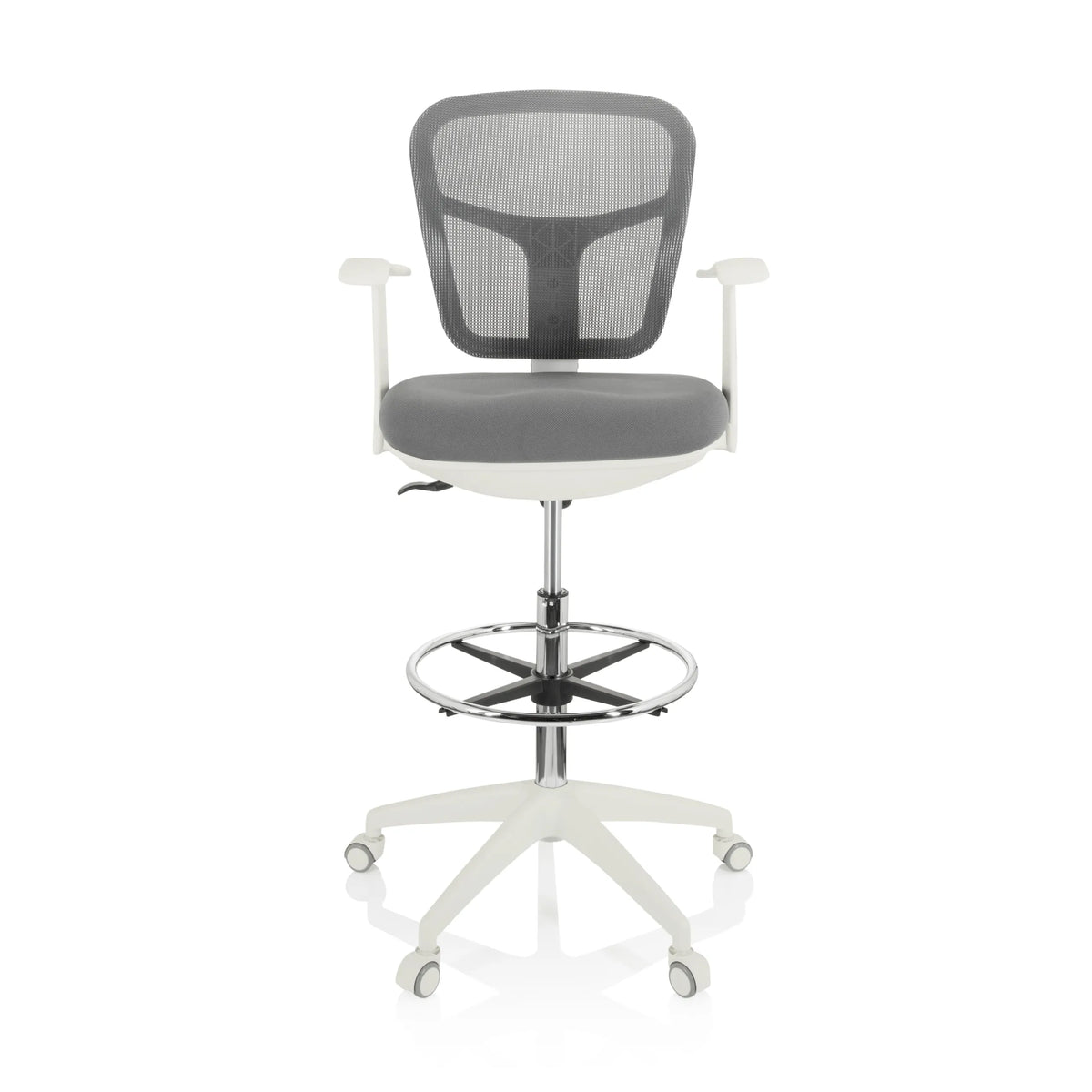 Sedia da banco TOP WORK 108 W grigia con schienale in rete, poggiapiedi e base bianca a cinque ruote di hjh OFFICE – vista a 360° (vista frontale 0°)