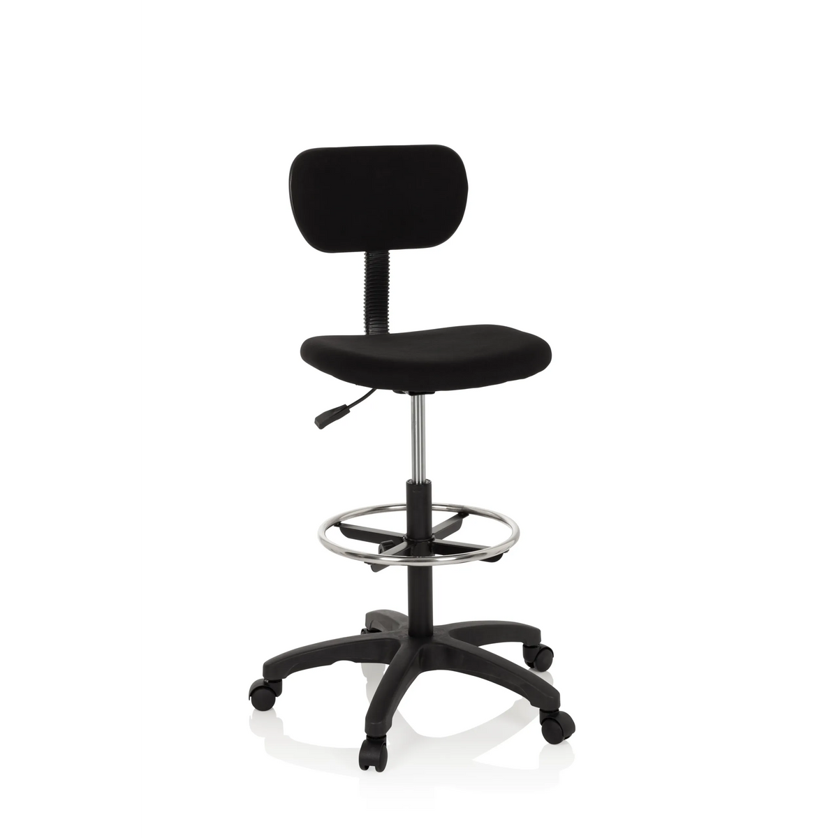 Sedia da banco TOP WORK 05 nera con poggiapiedi e base a cinque ruote di hjh OFFICE – vista a 360° (vista frontale 20°)