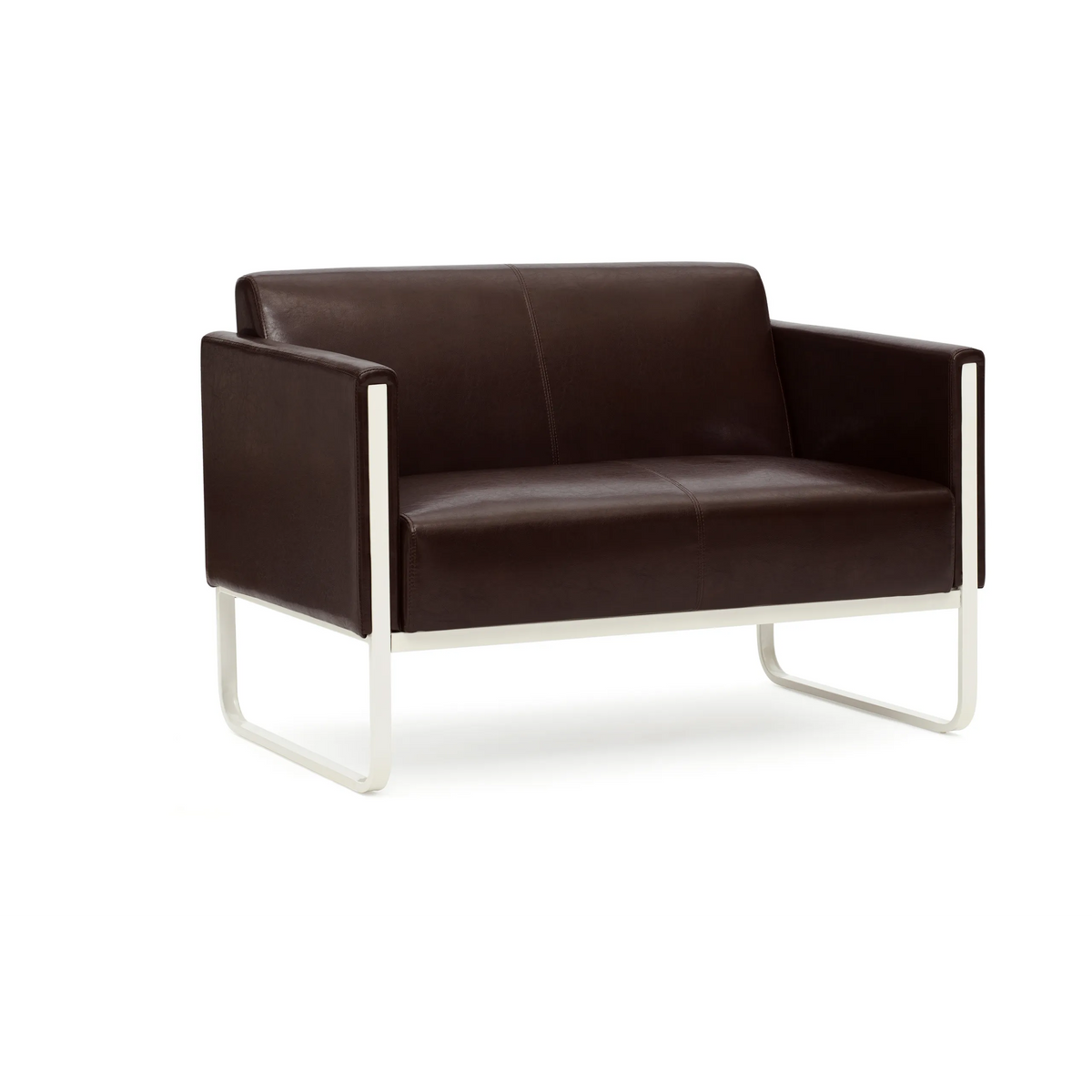Sofà lounge marrone ARUBA a due posti con struttura in metallo argento di hjh OFFICE – vista a 360° (vista posteriore 180°)
