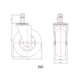 Disegno tecnico delle Rotelle per Sedia 5x ROLO SKATE ST 11mm/75mm con un diametro di 76 mm di hjh OFFICE