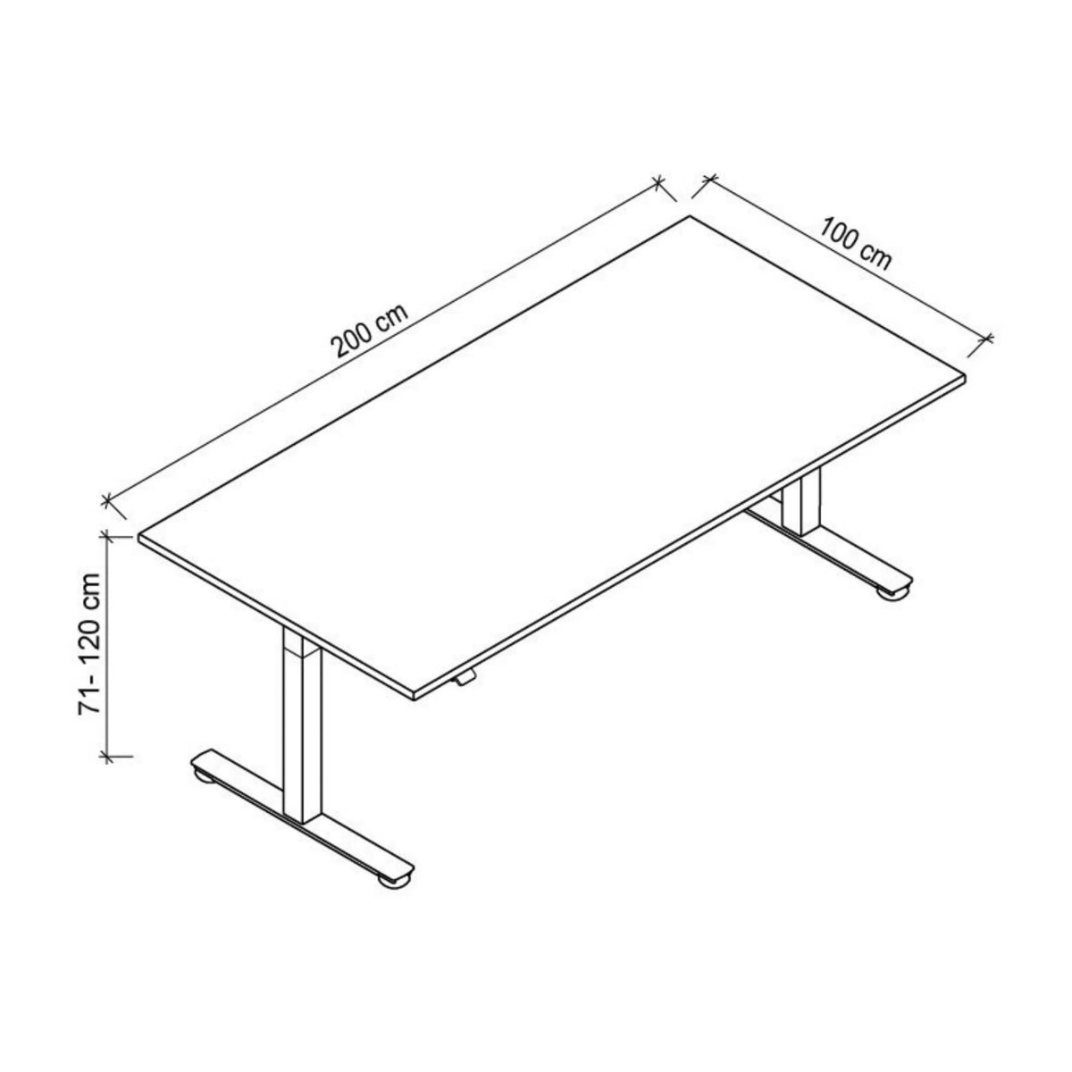 Technische Zeichnung des Schreibtischs XMST 2E S mit 200 × 100 cm von hjh OFFICE PRO
