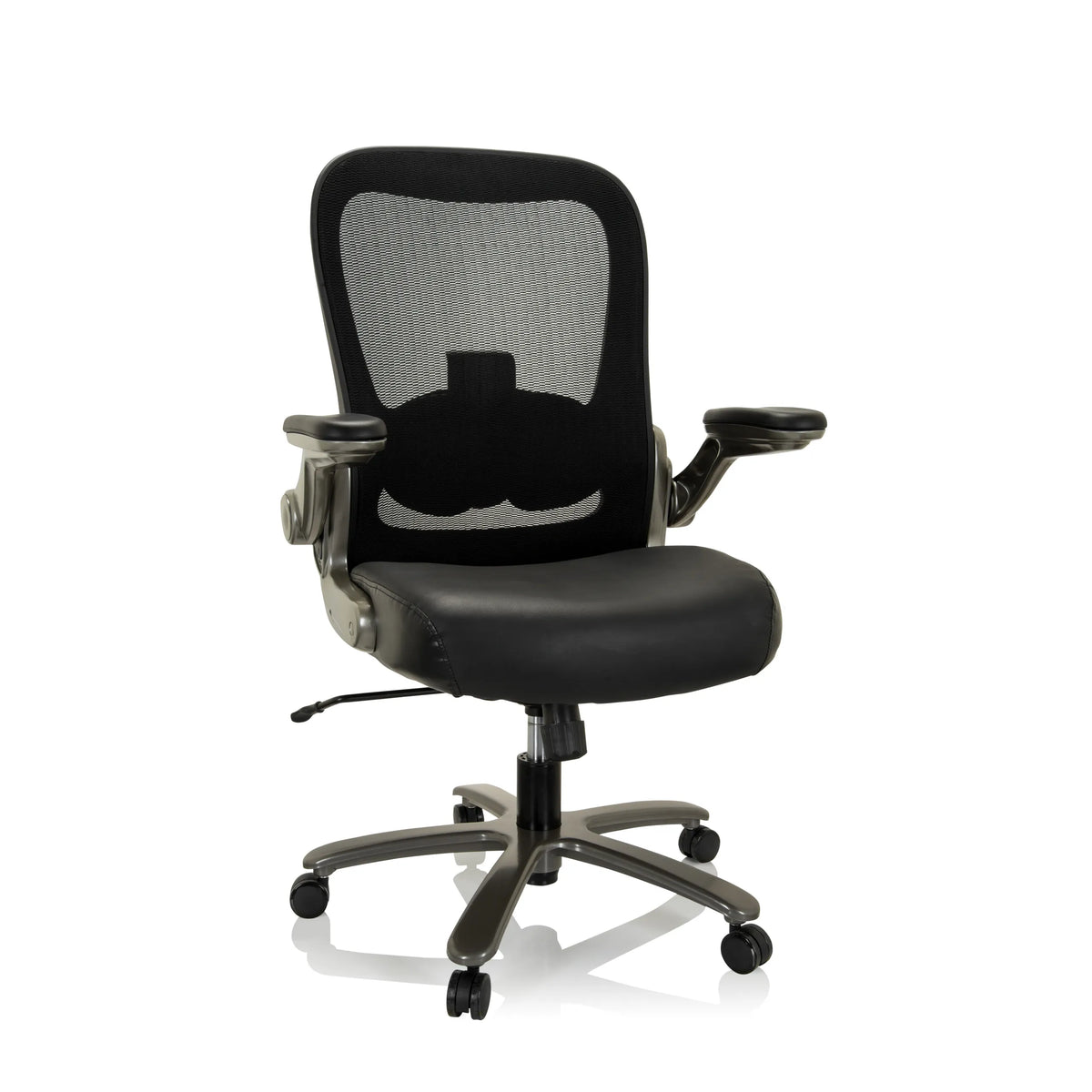 Sedia girevole XXL INSTRUCTOR T I nera con schienale in rete, seduta in pelle e base a cinque ruote di hjh OFFICE – vista a 360° (vista frontale 20°)