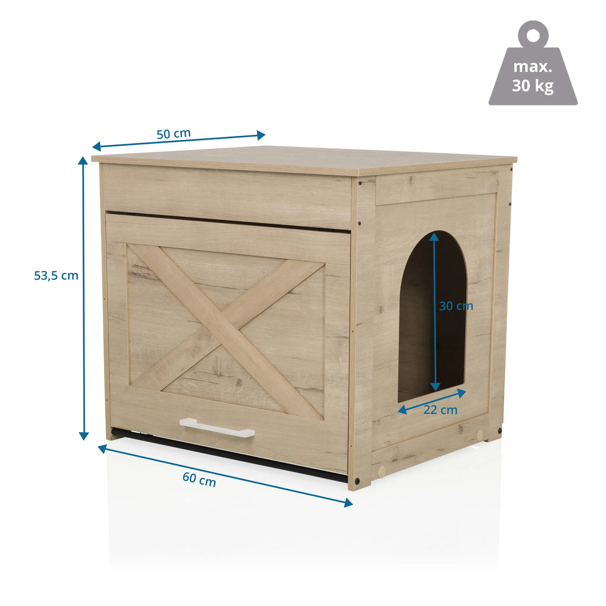 Disegno tecnico della Cuccia per gatto KITTY PAWBOX 1 in aspetto rovere, 60 × 50 cm di hjh LIVING