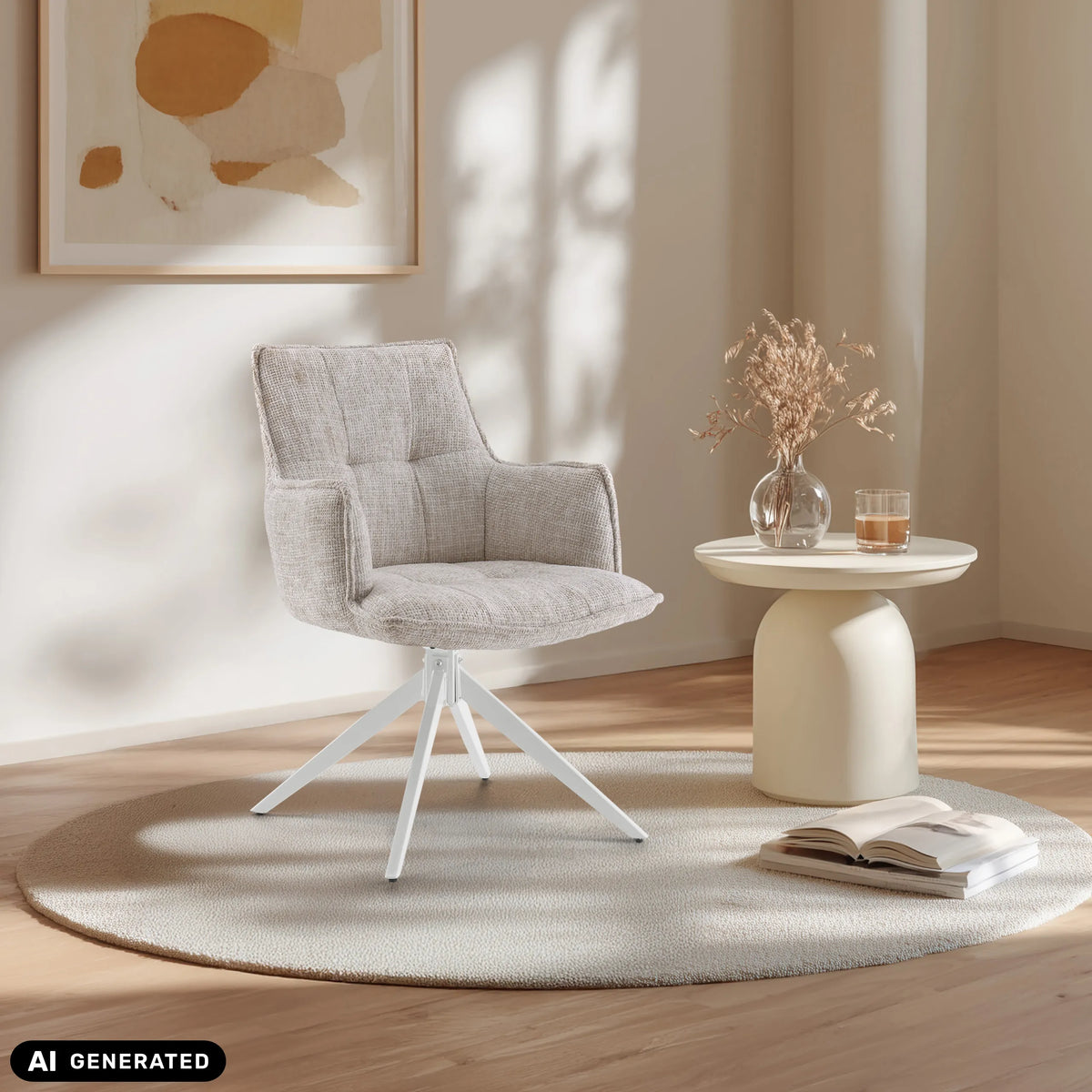 Sedia per sala da pranzo Tavaro beige con base a stella bianca su un tappeto rotondo di hjh LIVING (immagine generata dall’IA)