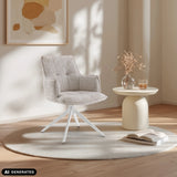 Sedia per sala da pranzo Tavaro beige con base a stella bianca su un tappeto rotondo di hjh LIVING (immagine generata dall’IA)