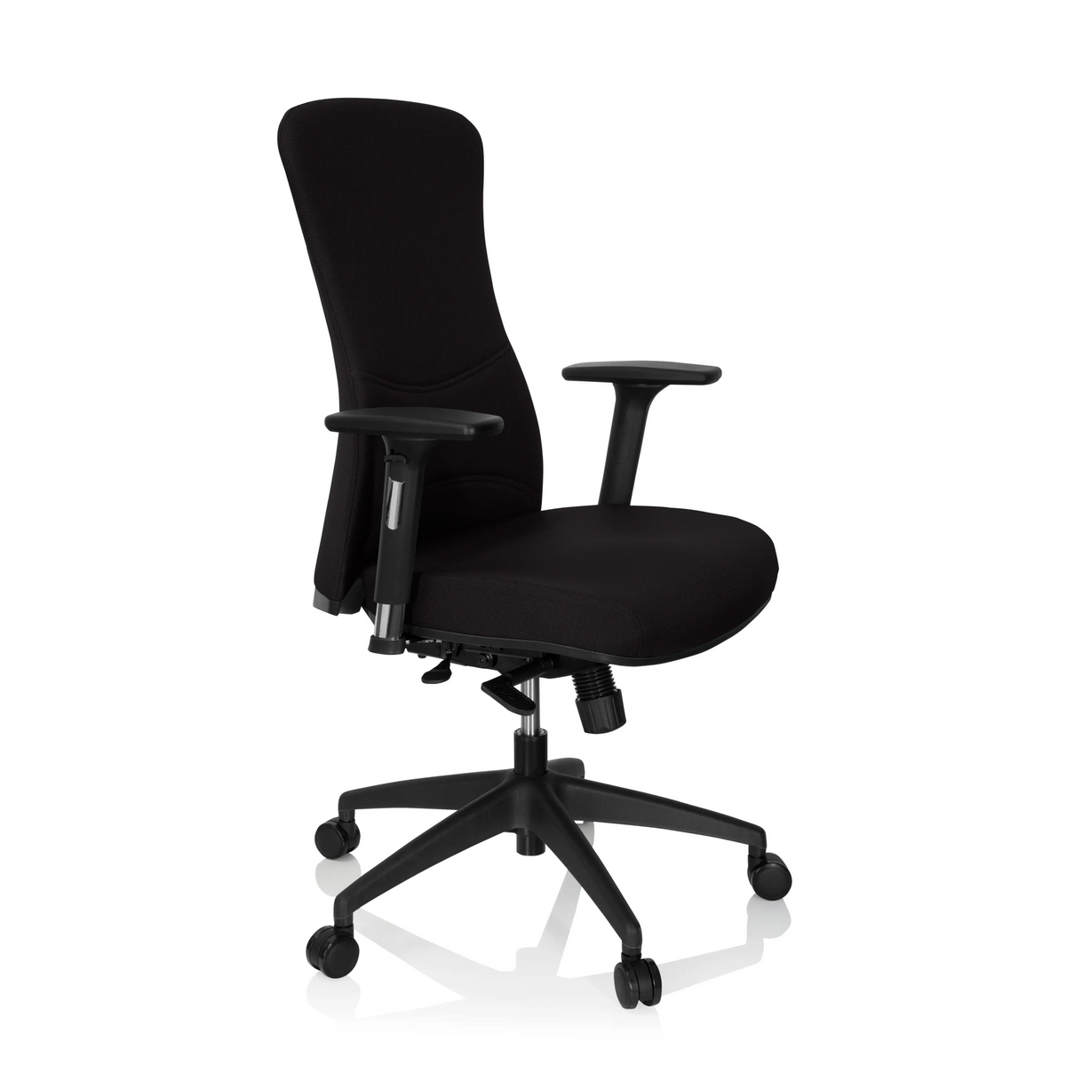 Sedia da ufficio professionale OFFICE XT PRO nera con braccioli e base a cinque ruote di hjh OFFICE – vista a 360° (vista frontale a tre quarti 60°)