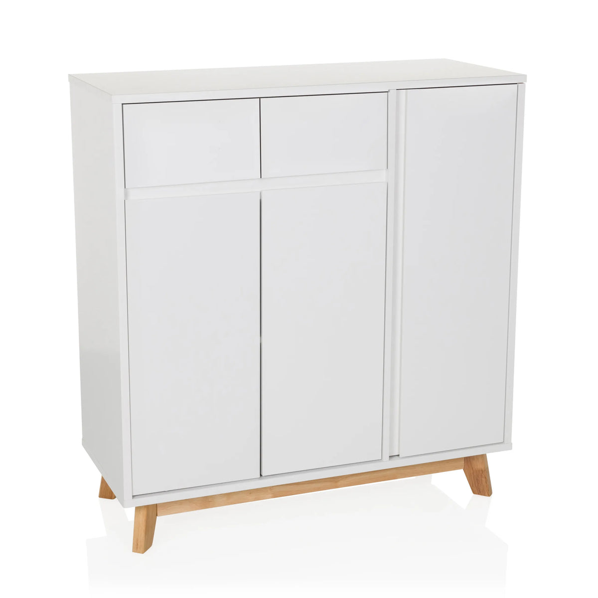 Cassettiera bianca ESTHA con due cassetti, tre ante e piedi in legno chiaro di hjh LIVING – vista a 360° (vista frontale 15°)