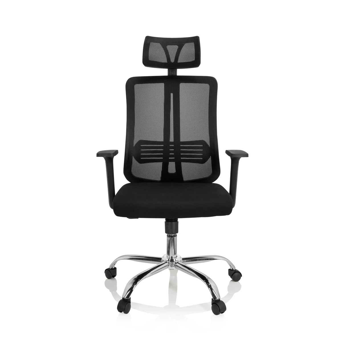 Sedia Home Office ZH 200 nera con schienale in rete e base a cinque ruote di hjh OFFICE – vista a 360° (vista frontale 0°)