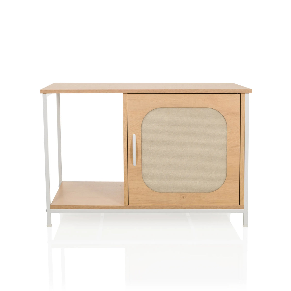Cuccia per gatto KITTYHOME 1 bianca con un vano aperto e un armadietto con anta in tessuto di hjh LIVING – vista a 360° (vista frontale 0°)