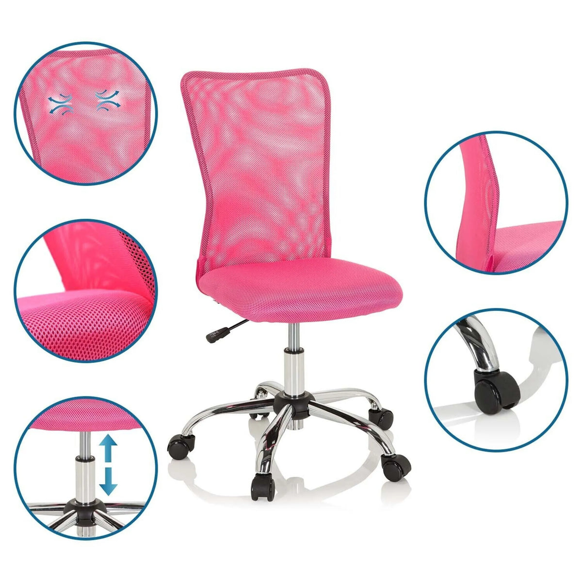 Sedia girevole per bambini KIDDY NET I rosa con schienale in rete, altezza regolabile und base lucida su ruote di hjh OFFICE