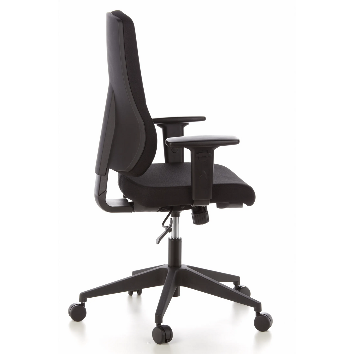 Sedia da ufficio professionale PRO-TEC 100 nera con braccioli e base a cinque ruote di hjh OFFICE – vista a 360° (profilo laterale 100°)