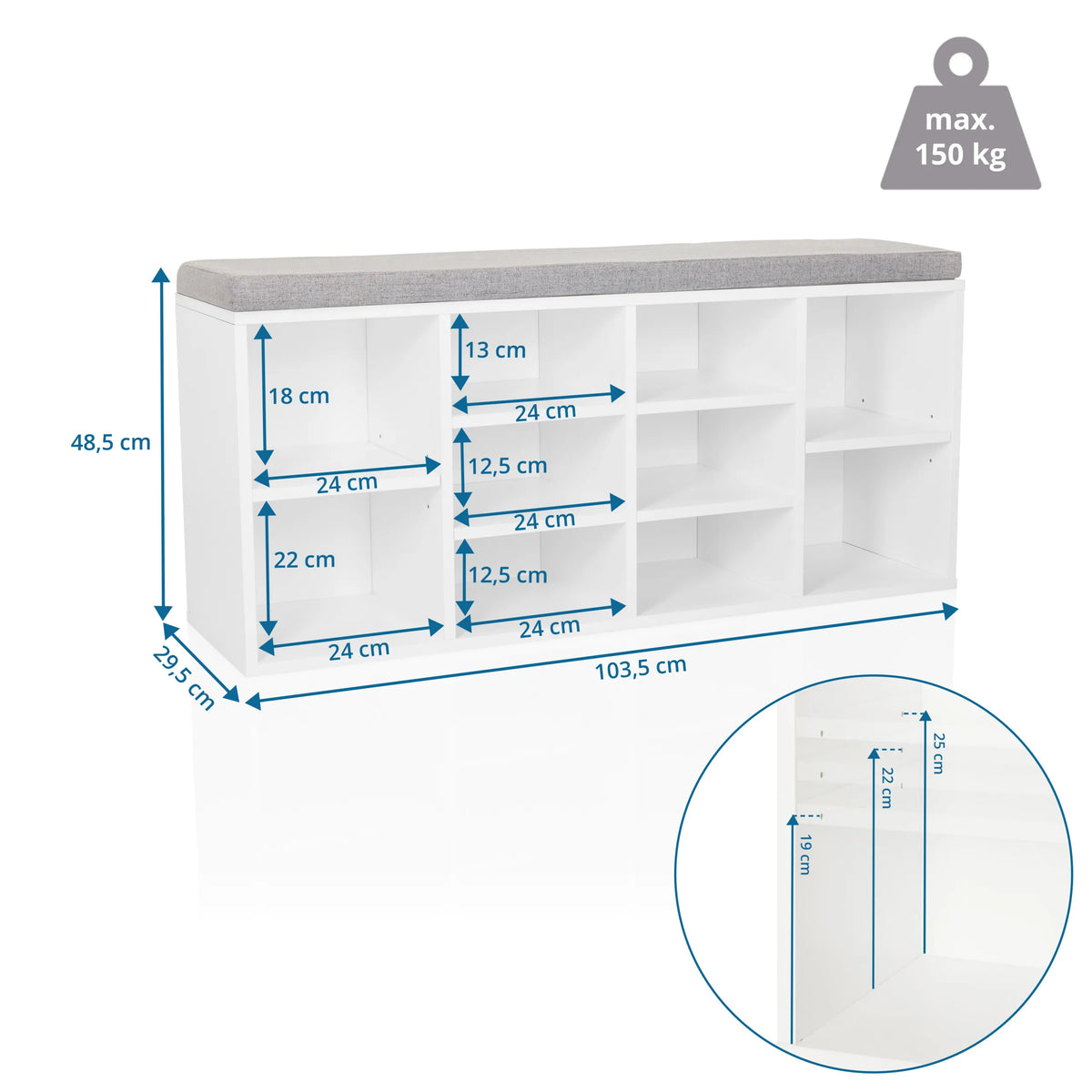 Disegno tecnico della Scarpiera ESTHA 10 con 103,5 × 48,5 cm e una portata di 150 kg di hjh LIVING