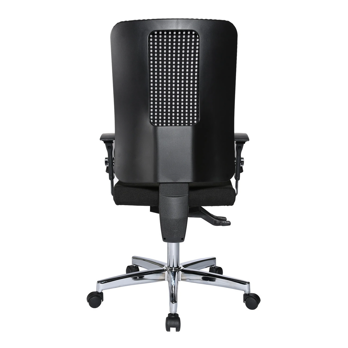 Sedia da ufficio professionale HJH SITNESS WORK nera con schienale in rete, braccioli e base a cinque ruote di Topstar – vista a 360° (vista posteriore a tre quarti 240°)