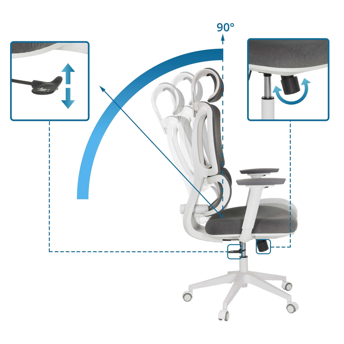 Meccanismi di regolazione e un'inclinazione di 90 gradi della Sedia Home Office ERGOMY WF di MyBuero
