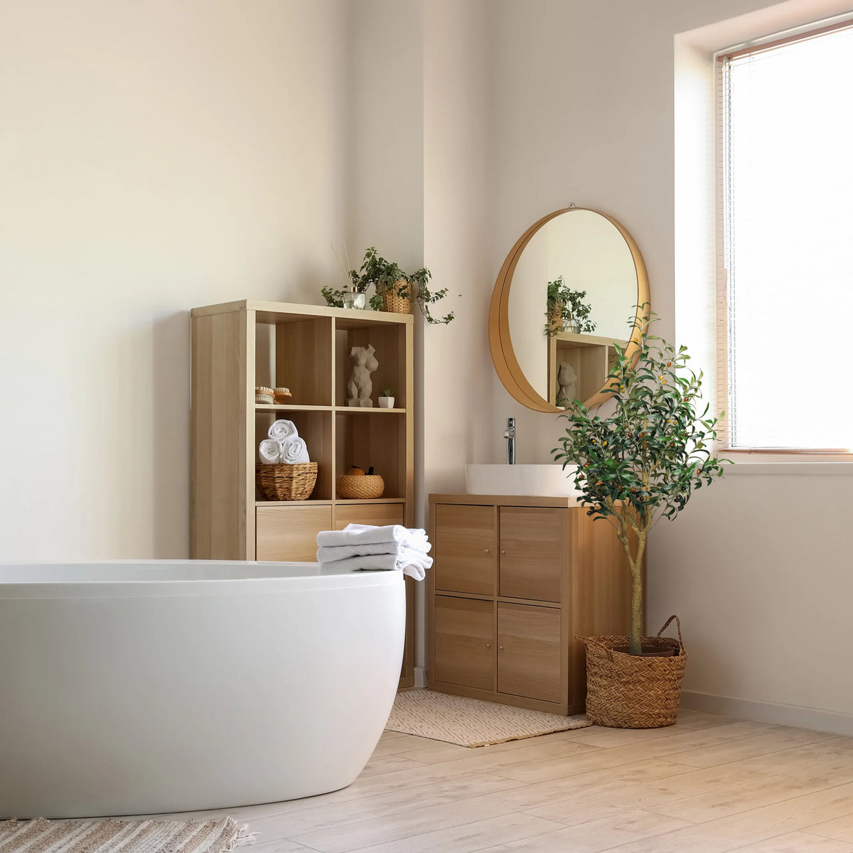 Piante artificiali verdi OLIVE II in un cesto intrecciato accanto a un lavabo da bagno di hjh OFFICE