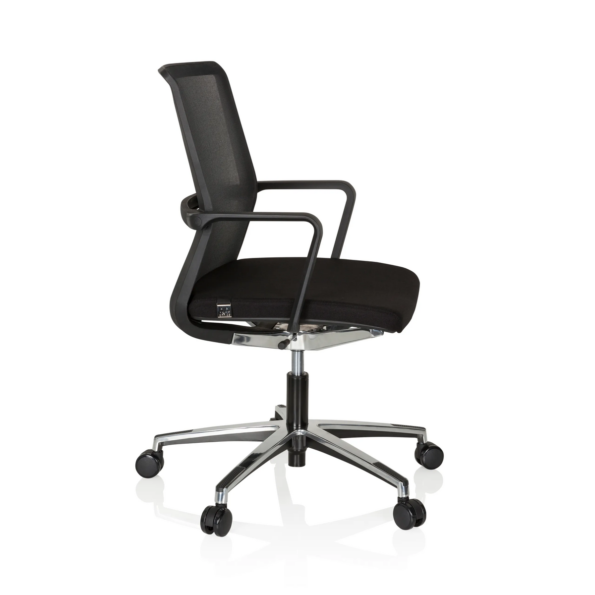 Sedia da ufficio professionale MOVE-TEC NET 3D nera con schienale in rete e base a cinque ruote di hjh OFFICE – vista a 360° (profilo laterale 80°)