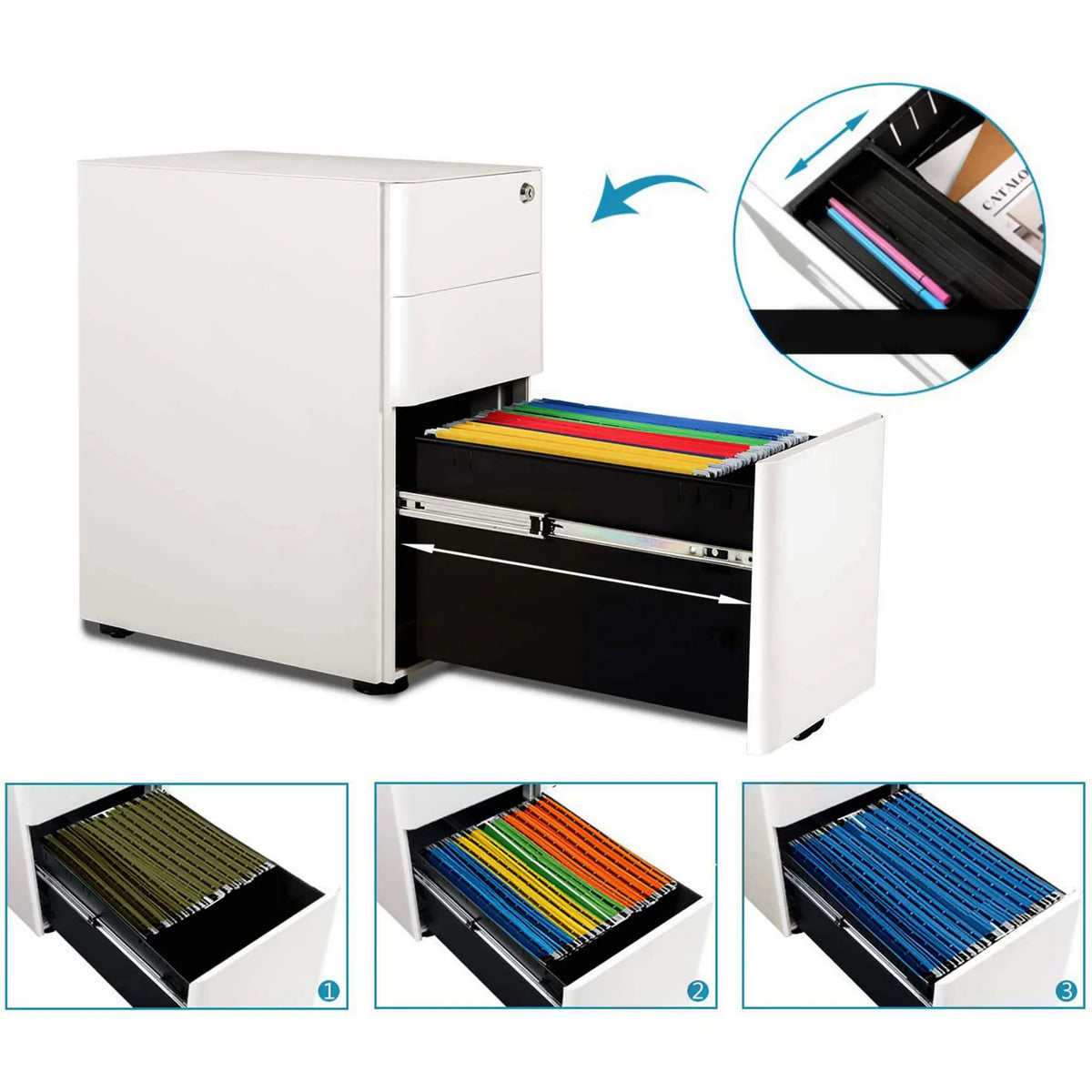 Cassetti estraibili con vari raccoglitori della Cassettiera con rotelle COLOR I di hjh OFFICE