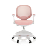 Sedia per bambini KID ERGO rosa con schienale in rete, braccioli e base bianca a cinque ruote di hjh OFFICE – vista a 360° (vista frontale 0°)