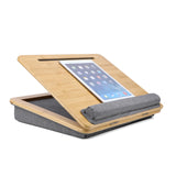 Supporto per laptop COMFILAP III in bambù marrone con imbottitura grigia e un tablet di hjh OFFICE