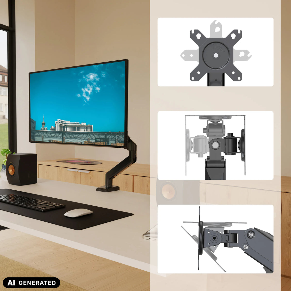 Supporto per monitor Ergomount GF1 con piastra adattatrice VESA e meccanismi articolati di hjh OFFICE (immagine generata dall’IA)