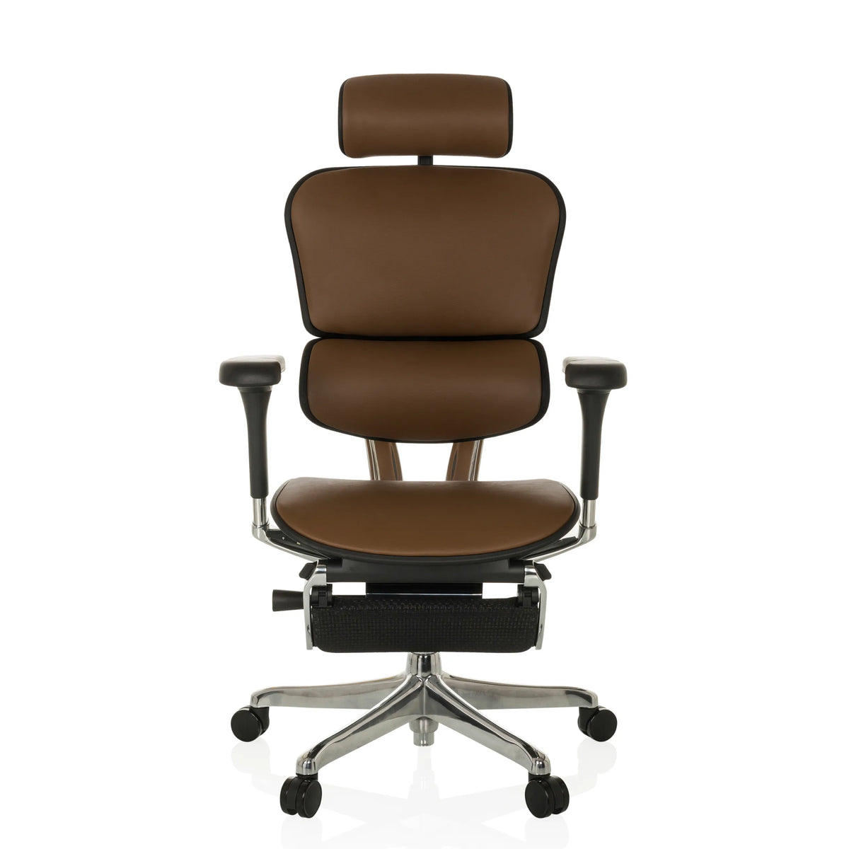 Poltrona di lusso ERGOHUMAN PLUS LEGPRO GEN2 marrone in pelle con poggiatesta e base a cinque ruote di hjh OFFICE – vista a 360° (vista frontale 0°)