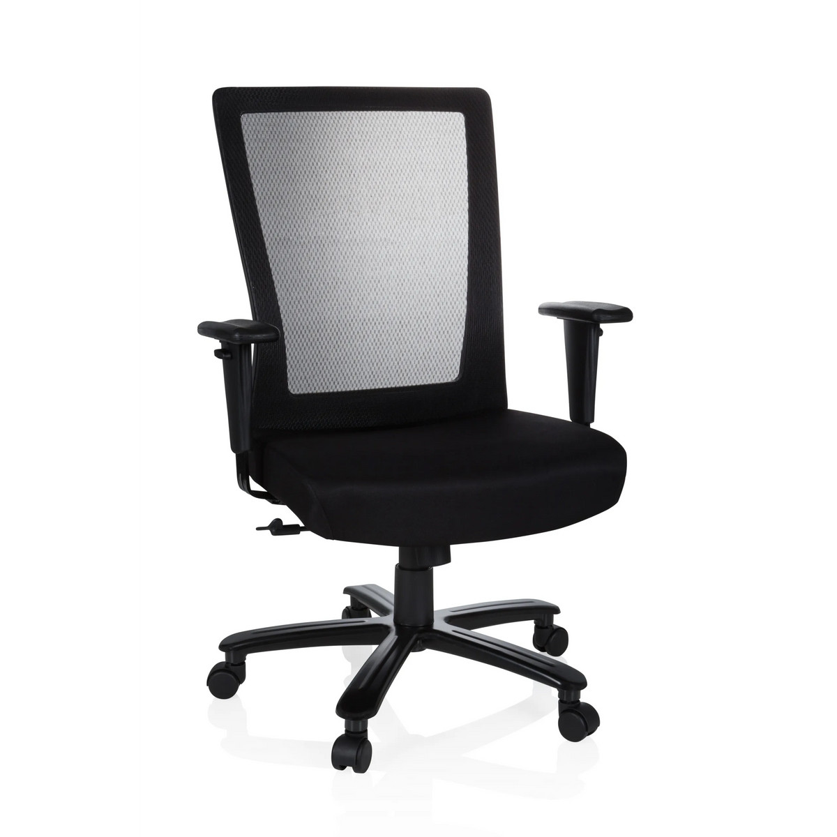 Sedia girevole XXL EXTENDER nera con schienale in rete e base a cinque ruote di hjh OFFICE – vista a 360° (vista frontale 20°)