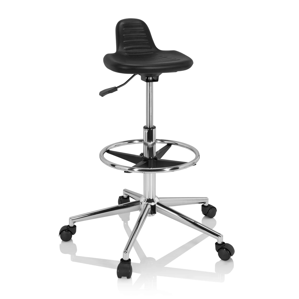 Sgabello girevole nero TOP WORK 03 I con poggiapiedi e base a cinque ruote di hjh OFFICE – vista a 360° (vista frontale 20°)