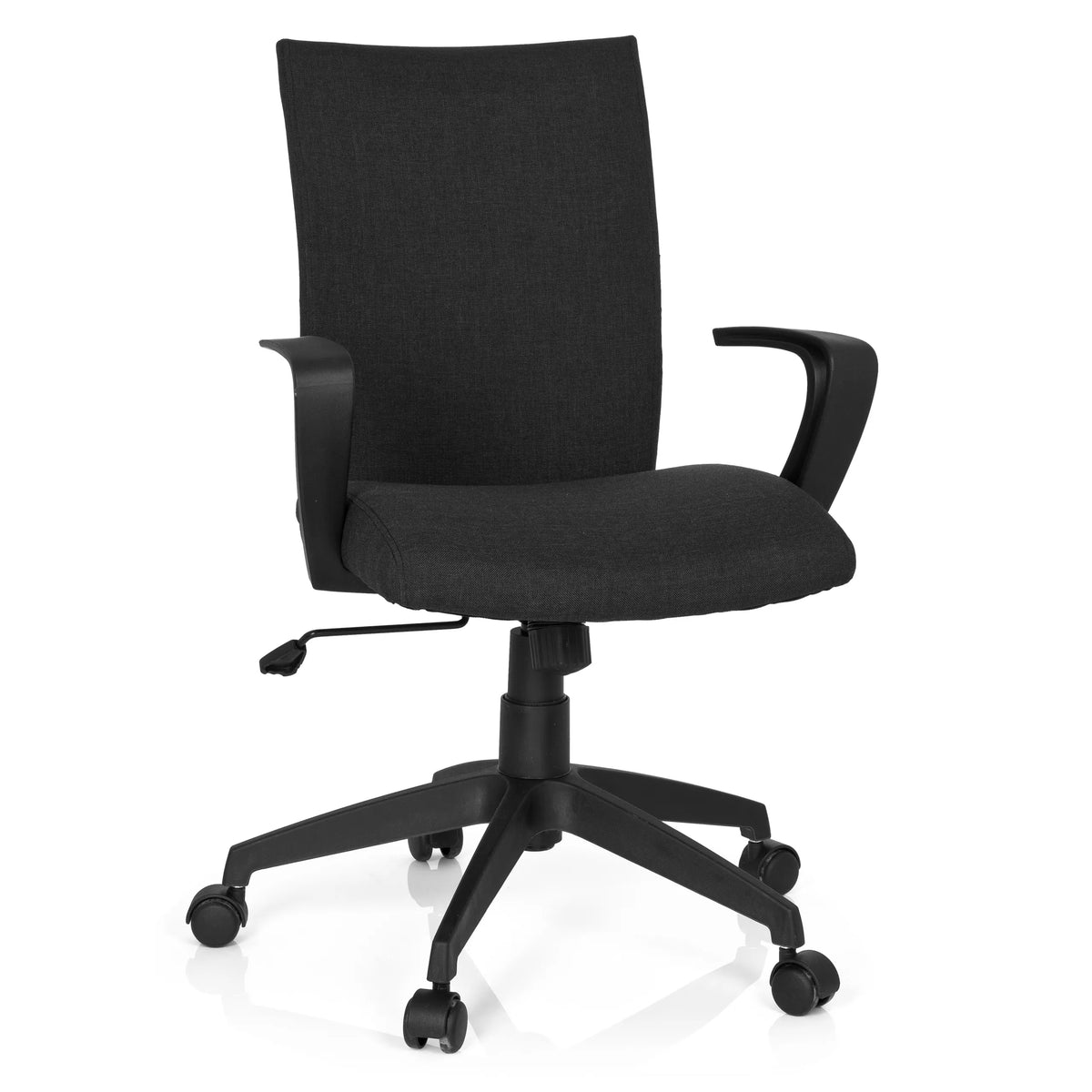Sedia Home Office SOFT nera con braccioli e base a cinque ruote di hjh OFFICE – vista a 360° (vista frontale 20°)