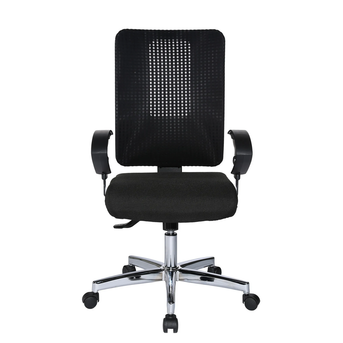 Sedia da ufficio professionale HJH SITNESS WORK nera con schienale in rete, braccioli e base a cinque ruote di Topstar – vista a 360° (vista frontale 0°)