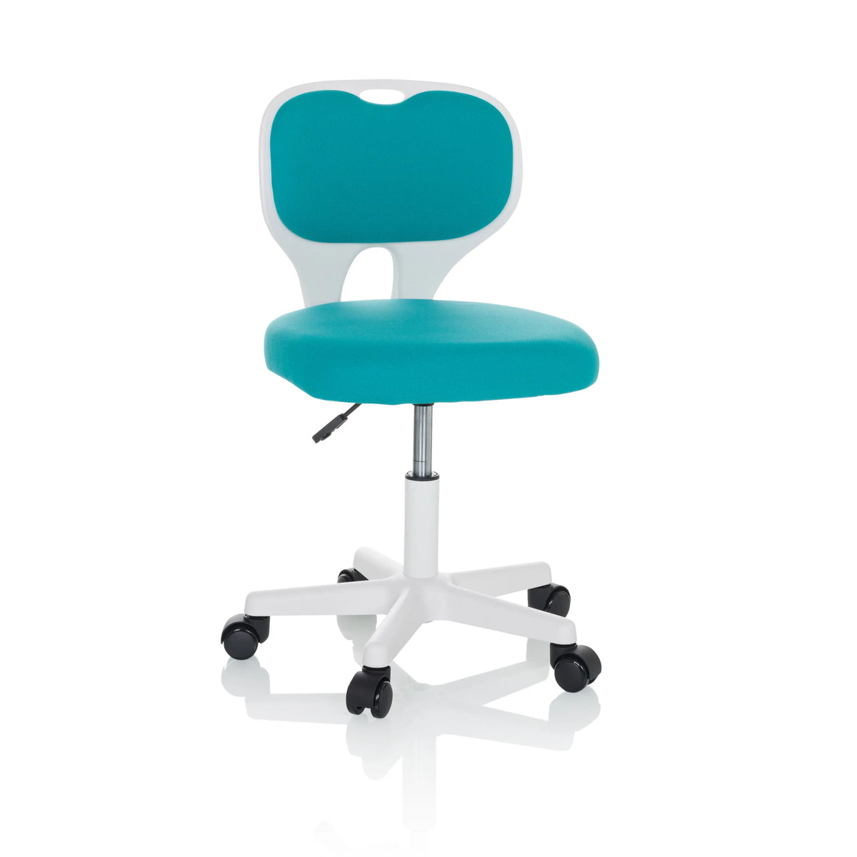 Sedia girevole per bambini KIDDY TOP W blu con struttura bianca e base a cinque ruote di hjh OFFICE – vista a 360° (vista frontale 15°)