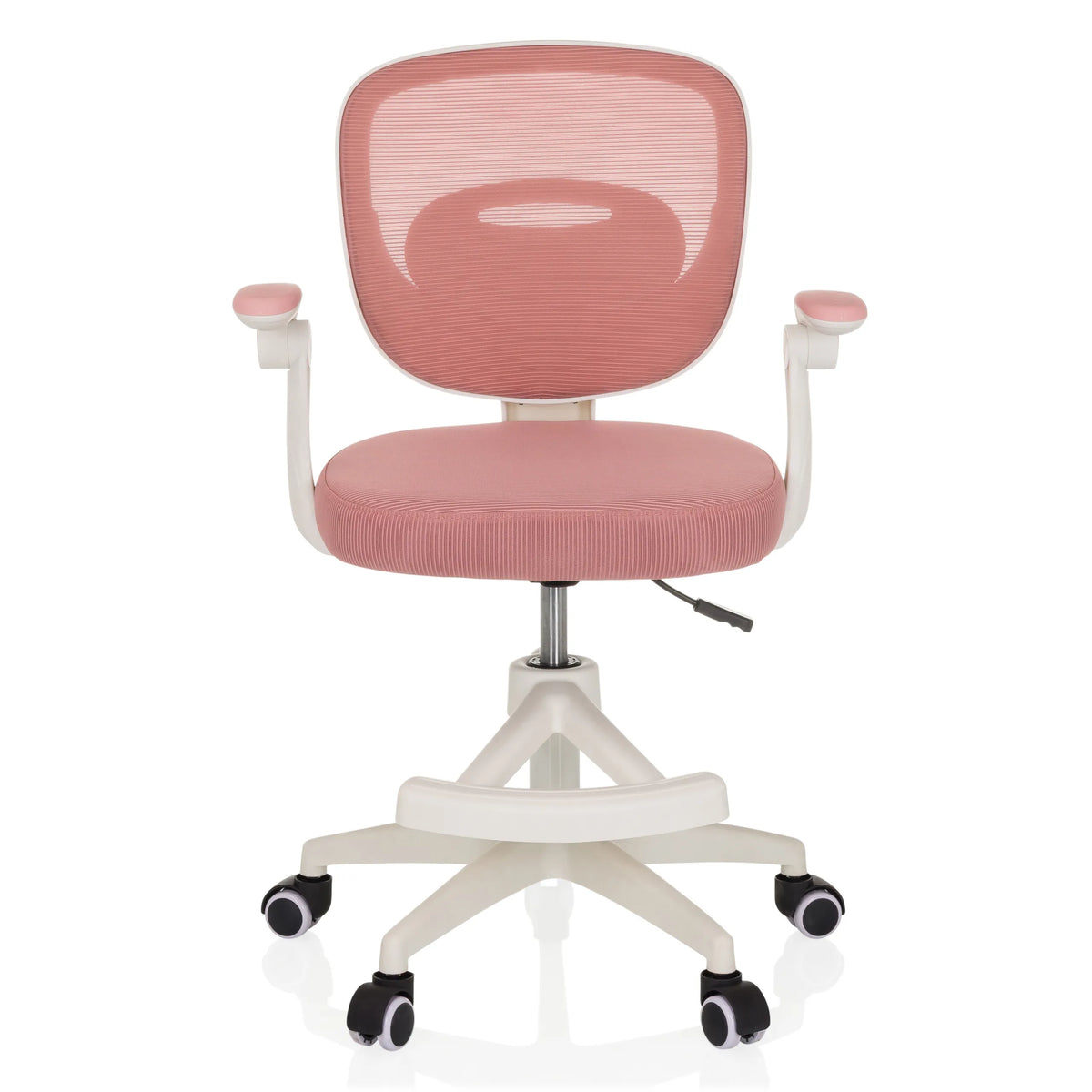 Sedia girevole per bambini KIDDY SMART rosa con schienale in rete e base a cinque ruote di hjh OFFICE – vista a 360° (vista frontale 0°)