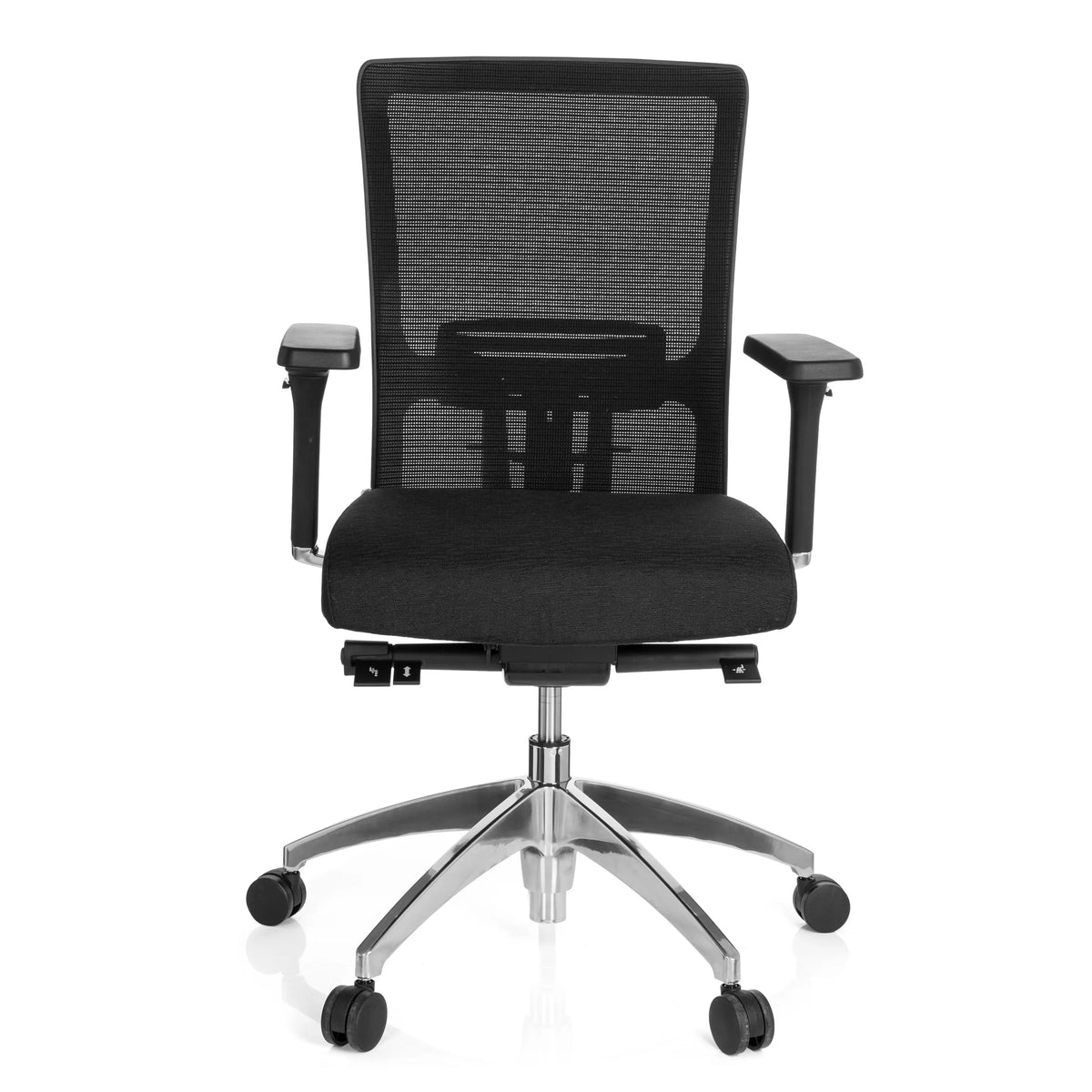 Sedia da ufficio professionale ASTRA BASE N nera con schienale in rete e base lucida a cinque ruote di hjh OFFICE – vista a 360° (vista frontale 0°)