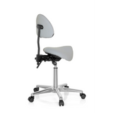 Sgabello a sella TOP WORK 20 grigio con schienale e base a cinque ruote di hjh OFFICE – vista a 360° (vista posteriore a tre quarti 120°)