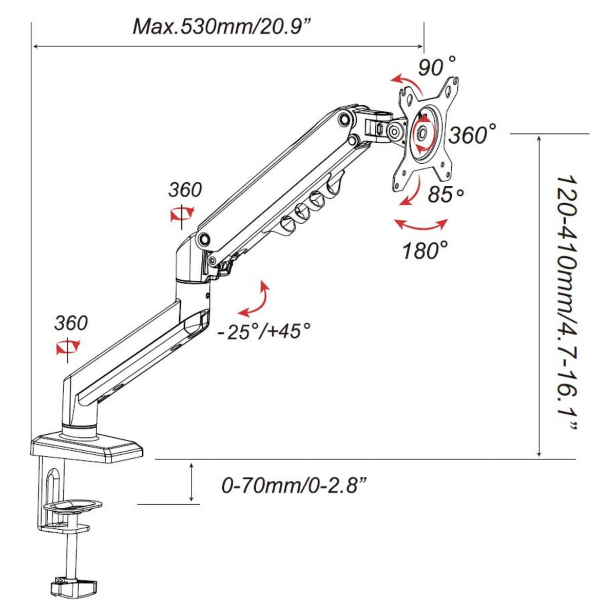 Disegno tecnico del Supporto per monitor Ergomount GF1 con un'estensione massima di 530 mm di hjh OFFICE