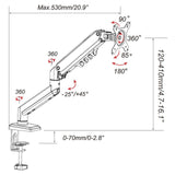 Disegno tecnico del Supporto per monitor Ergomount GF1 con un'estensione massima di 530 mm di hjh OFFICE