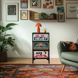 Cassettiera AMERIKO S con tre cassetti colorati a motivi e struttura nera di hjh LIVING
