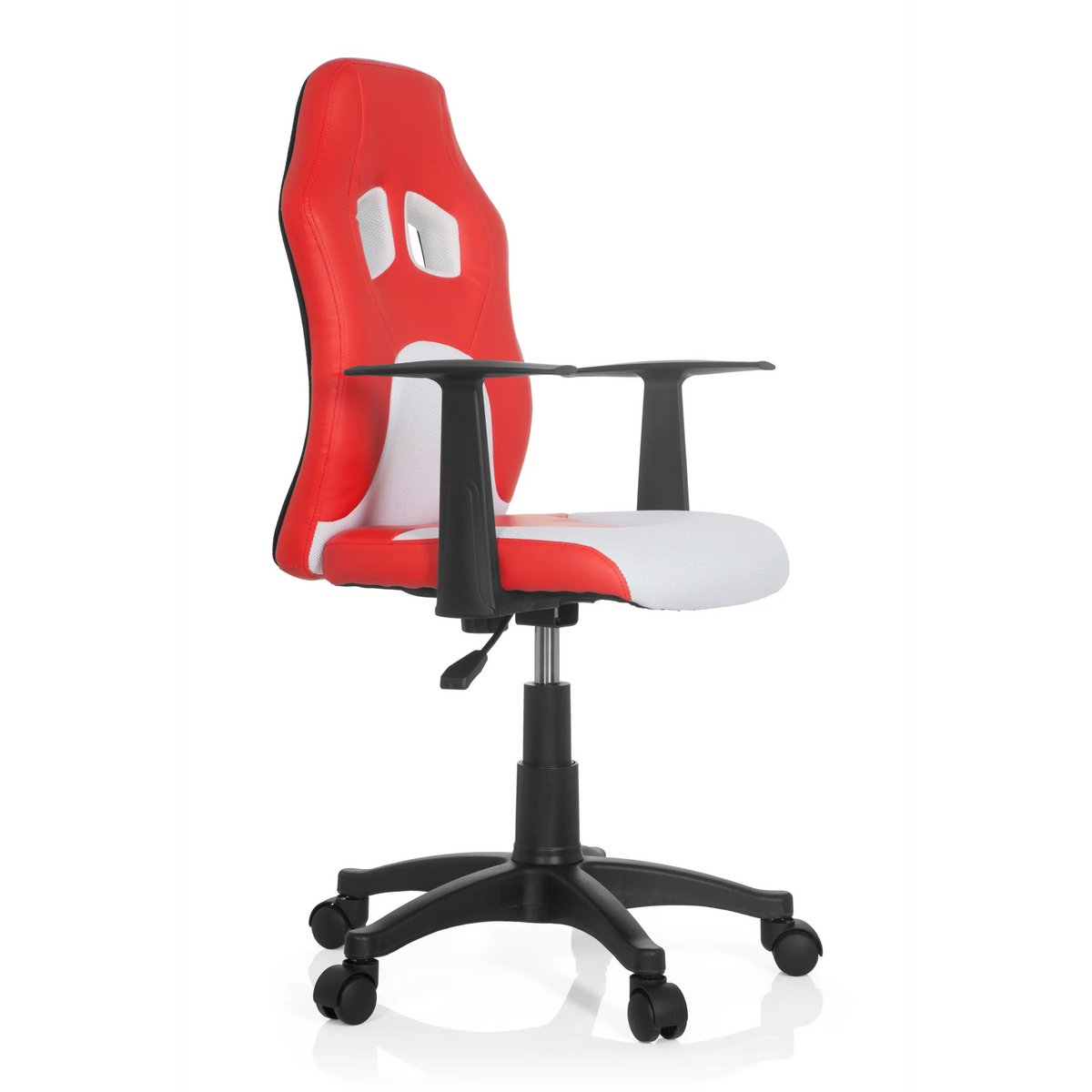 Sedia girevole per bambini TEEN GAME AL rossa e bianca con braccioli e base nera a cinque ruote di hjh OFFICE – vista a 360° (vista frontale a tre quarti 60°)