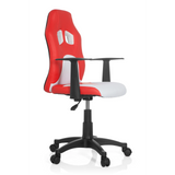 Sedia girevole per bambini TEEN GAME AL rossa e bianca con braccioli e base nera a cinque ruote di hjh OFFICE – vista a 360° (vista frontale a tre quarti 60°)