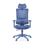 Sedia Home Office Ergomy Colore blu con schienale in rete e base a cinque ruote di MyBuero – vista a 360° (vista frontale 0°)