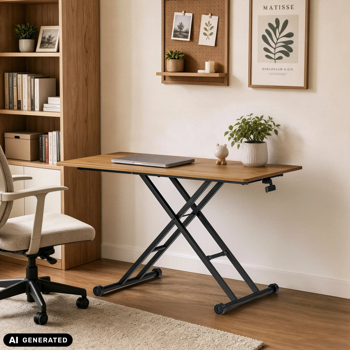 Scrivania regolabile in altezza Worktime Lift in rovere e nero con struttura a X e laptop di hjh OFFICE