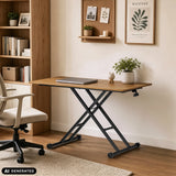 Scrivania regolabile in altezza Worktime Lift in rovere e nero con struttura a X e laptop di hjh OFFICE