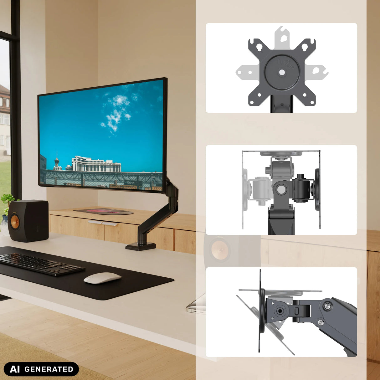 Supporto per monitor Ergomount GF1 con piastra adattatrice VESA e meccanismi articolati di hjh OFFICE (immagine generata dall’IA)