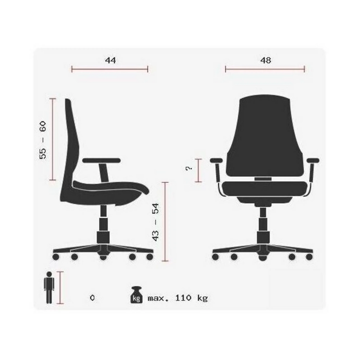 Disegno tecnico della Sedia da ufficio professionale SITNESS 15 U2 con una portata massima di 110 kg di Topstar