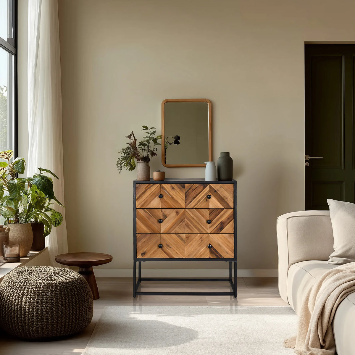 Madia SANTJAGO BLACK SUN L con tre cassetti in colori legno scuro e struttura in metallo nero di hjh LIVING