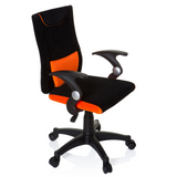 Sedia girevole per bambini KIDDY PRO AL nero-arancione con cuscino lombare e base a cinque ruote di hjh OFFICE – vista a 360° (vista frontale a tre quarti 60°)