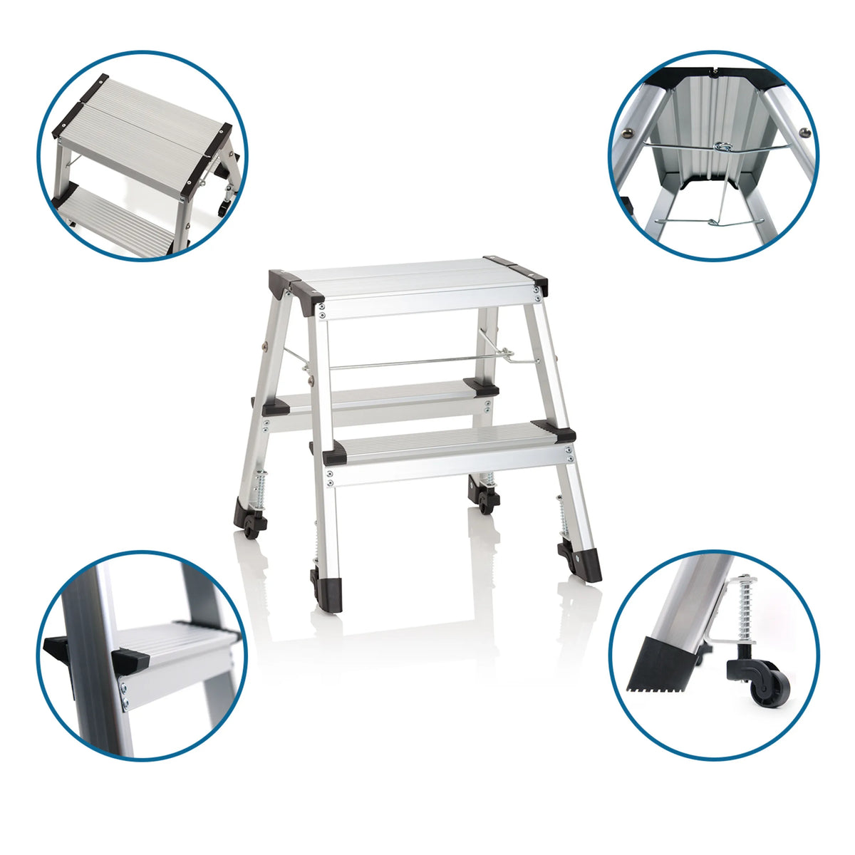 Scala richiudibile a due gradini SOLID VI in alluminio con ruote e blocco di sicurezza di hjh OFFICE