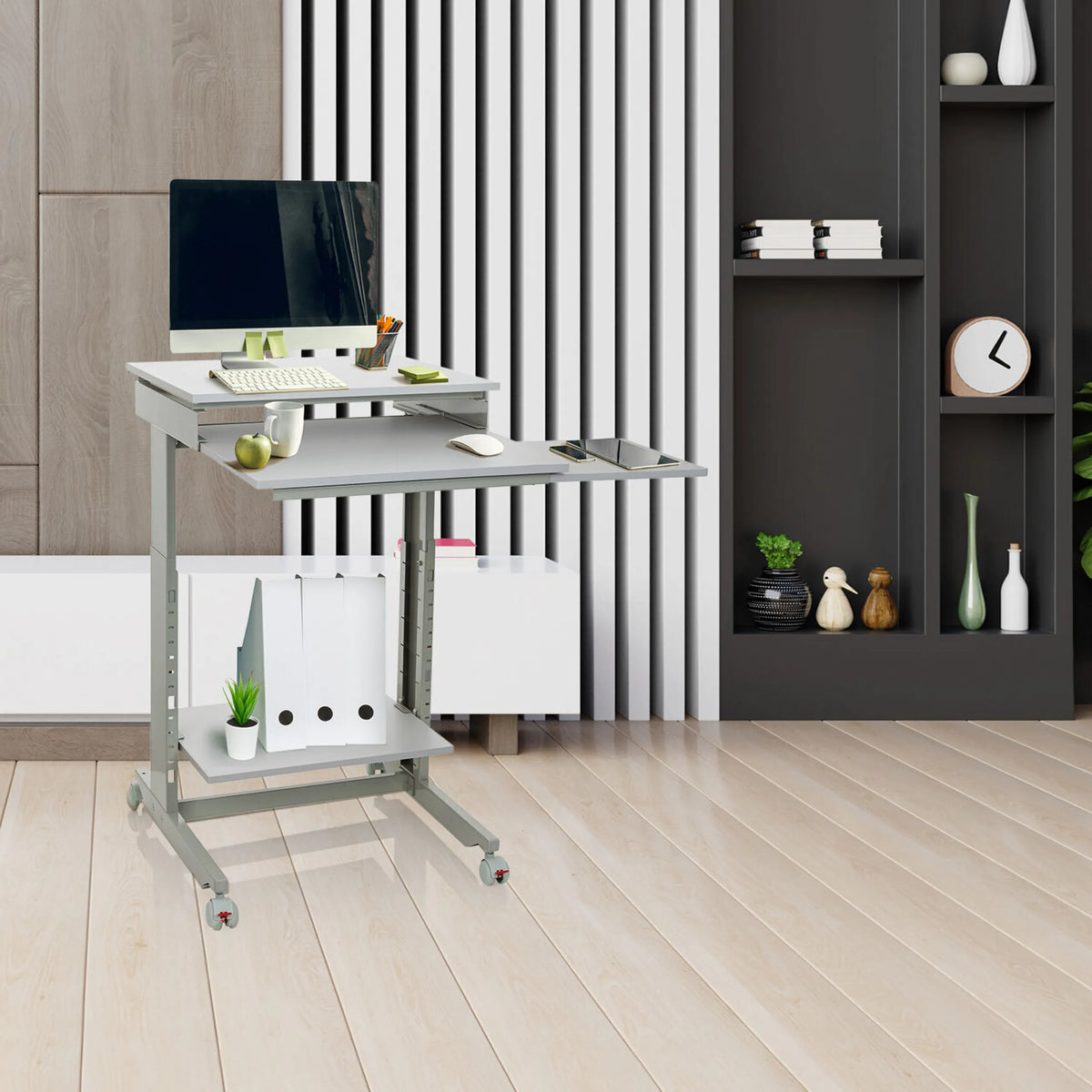Scrivania in piedi WORKSTATION grigia con due livelli, superficie di appoggio e rotelle di hjh OFFICE